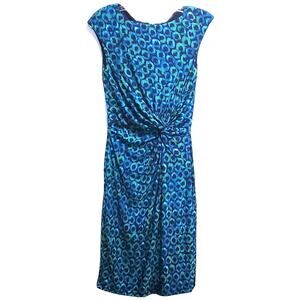 Lauren by Ralph Lauren Blue Green Abstract Ruched Front Knot Midi Dress Size 2